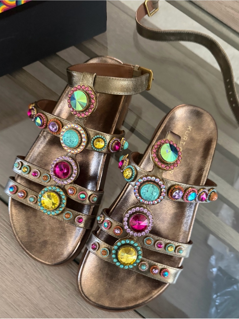Kurt Geiger Bronze Metallic Jeweled Strappy Sandals